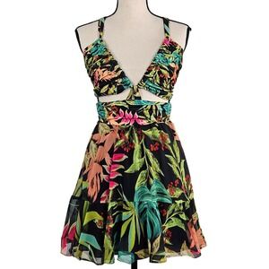 PatBO Tropicalia Cut-Out Mini Dress Womens S Black Floral NWT with FLAW